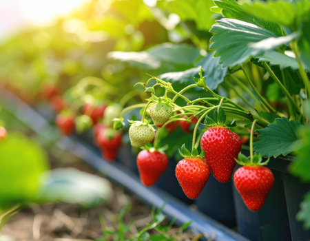 Rows of strawberries in a greenhouse bask in warm sunlight. Bright red berries hang among green leaves, showcasing a vibrant summer harvest and the promise of ripening fruit.の素材