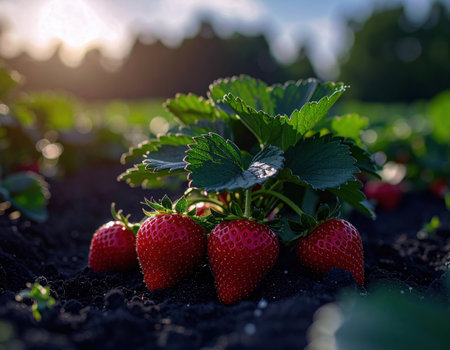 Strawberry plants with ripe red berries stand proudly in rich soil while sunlight casts a warm golden hue. The tranquil field offers a peaceful atmosphere as day transitions to evening.の素材