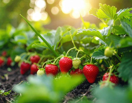 Strawberry plants laden with ripe red fruits and tiny green buds flourish in a garden. The warm sunlight creates a golden ambiance in the late afternoon, enhancing the lush greenery.の素材