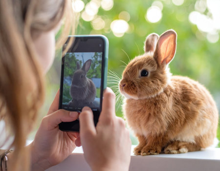 A person takes a photo of an adorable brown rabbit perched on a ledge. Sunlight filters through greenery, enhancing the joyous atmosphere of this moment in nature.の素材