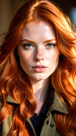 A young woman with stunning red hair gazes directly at the viewer, her vibrant locks cascading around her face. Soft natural light enhances her striking features and captivating eyes.の素材
