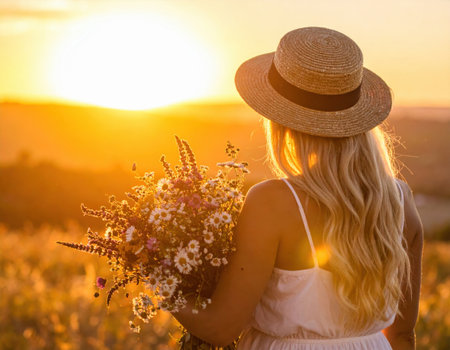 A woman with long hair wears a straw hat while holding a vibrant bouquet of wildflowers. She stands in a field during sunset, enjoying the warm glow and serene atmosphere.の素材