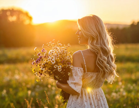 A woman stands in a lush field at sunset, holding a vibrant bouquet of wildflowers. The golden sunlight highlights her features, creating a serene atmosphere. Nature flourishes around her.の素材