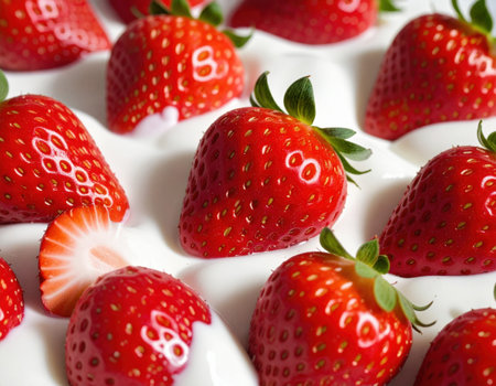 A close-up view of ripe, red strawberries positioned on a white tray, showing their glossy texture and vibrant color. The kitchen is bright, enhancing the freshness.の素材