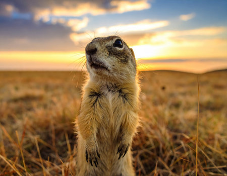 A small squirrel stands on its hind legs in a grassy field during sunset. The warm light casts a golden hue, highlighting its fur as it gazes into the distance, watching for any signs of movement.の素材