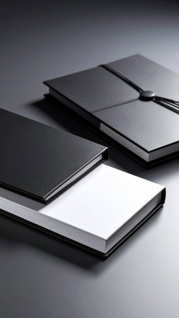 Two sleek black notebooks are positioned on a smooth surface. The top notebook remains closed, while the bottom notebook reveals a blank white interior, inviting ideas and reflections.の素材