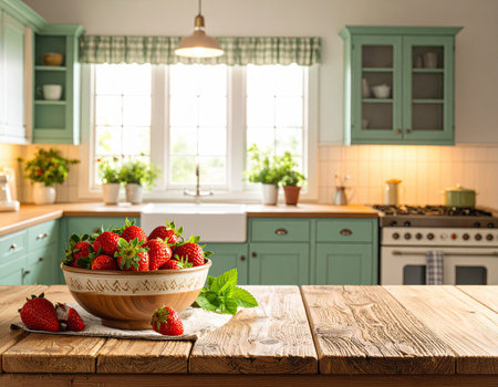 A bowl filled with ripe strawberries sits on a rustic wooden table in a cozy kitchen. Sunlight streams through the windows, enhancing the inviting atmosphere and highlighting the vibrant colors.の素材