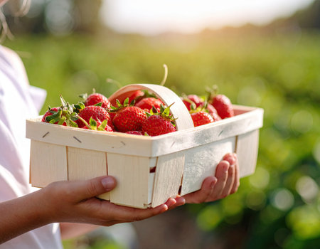 A person with a basket overflowing with ripe strawberries stands in a sunlit field. Bright green plants surround them, highlighting the joy of summer harvest and nature's bounty.の素材