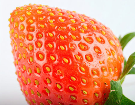 This depiction features a close-up of a ripe strawberry showing its glossy red surface and characteristic seeds. The bright colors and texture highlight the fruit's freshness.の素材