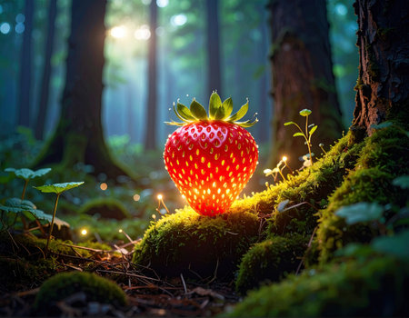 A large, glowing strawberry sits surrounded by moss and small plants in a serene forest. Soft beams of light filter through trees, creating a magical atmosphere at dusk.の素材
