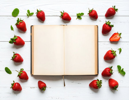 Surrounded by vibrant strawberries and mint leaves, an open blank book rests on a rustic wooden table, inviting creativity and inspiration.の素材