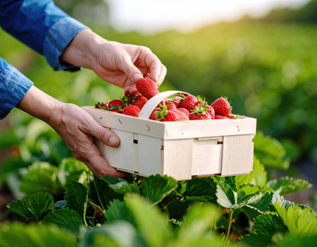 Hands carefully place freshly picked strawberries into a wooden basket, surrounded by vibrant green strawberry plants under a clear blue sky.の素材