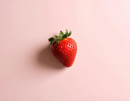 A single, ripe strawberry sits gracefully on a smooth pink surface, highlighting its bright red hue and natural seeds, creating a visually appealing contrast and inviting freshness.の素材