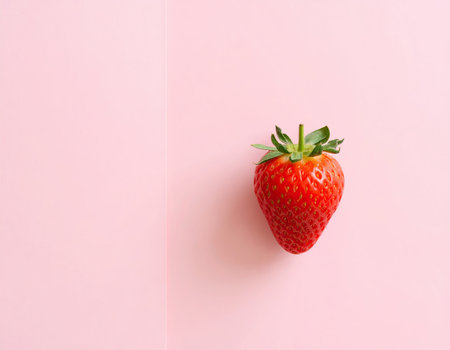 A bright red strawberry sits alone on a soft pink background, highlighting its vibrant color and fresh appearance. The minimalist design emphasizes the natural beauty of the fruit.の素材