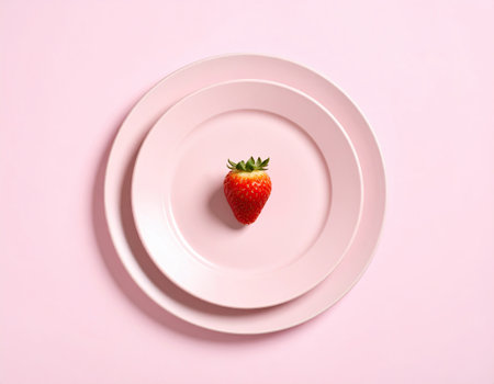 A single ripe strawberry is centered on two overlapping pink plates. The arrangement showcases the natural beauty of the fruit against a soft pink background, emphasizing minimalism in food design.の素材