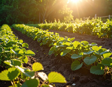 Rows of vibrant strawberry plants thrive in a cultivated field, soaking up the late afternoon sunlight.の素材