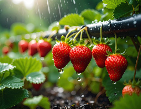 Ripe strawberries hang from fertile vines, glistening with raindrops in a vibrant garden. Soft sunlight filters through leaves, creating a serene, refreshing atmosphere.の素材