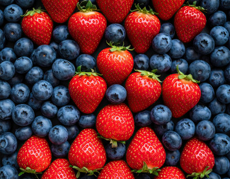 A top view showcases a rich assortment of ripe strawberries and blueberries, presenting a striking contrast of red and blue. This colorful berry spread highlights their freshness and appeal.の素材