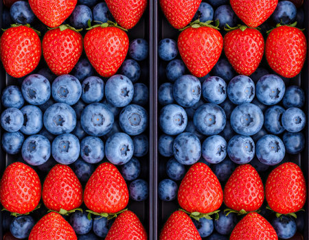 Fresh strawberries and blueberries are beautifully arranged in two containers, showing their vivid colors and appealing textures, perfect for a healthy snack or dessert.の素材