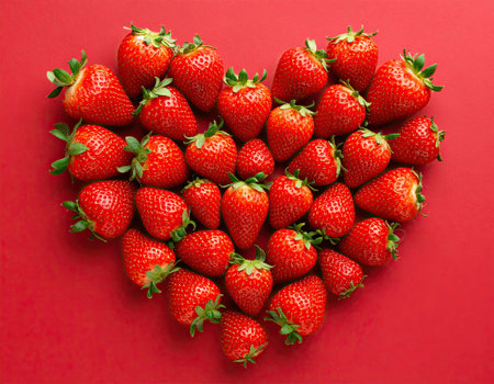 Bright red strawberries are artistically arranged in the shape of a heart on a vivid red background, showing their natural beauty and inviting freshness for culinary and aesthetic purposes.の素材