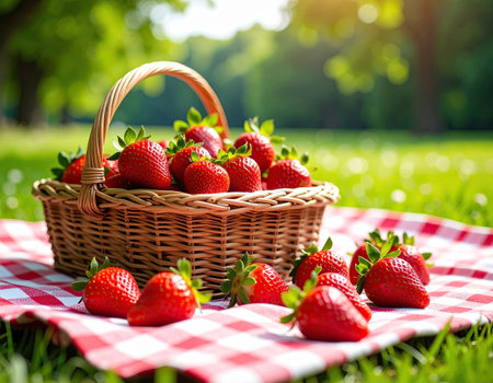 A wicker basket overflowing with fresh strawberries sits on a red and white checkered blanket.の素材