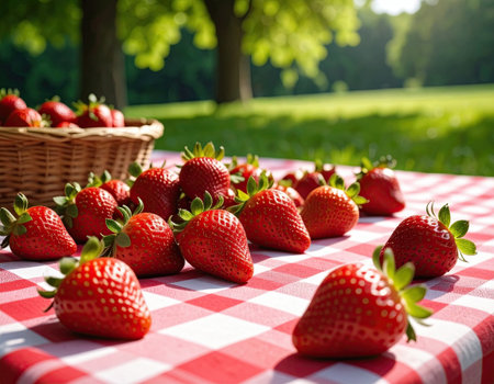 Juicy strawberries are spread across a checkered tablecloth in a park, basking in the warm afternoon sun under green trees, creating a vibrant outdoor atmosphere.の素材
