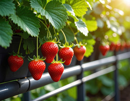 Ripe strawberries dangle from lush green plants in a greenhouse filled with natural light.の素材