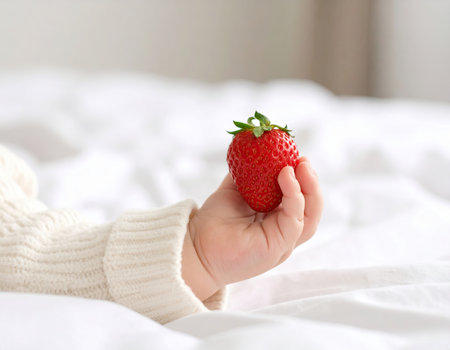 A small child gently grasps a ripe strawberry while resting on soft white bedding. The cozy atmosphere highlights the innocence and joy of childhoodの素材