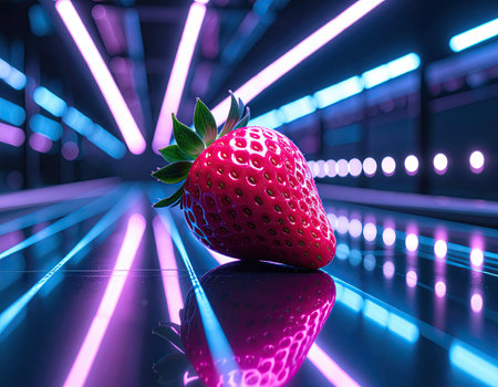 A vivid strawberry lies on a reflective surface, surrounded by dynamic neon lights creating an energetic atmosphere. The intricate details of the fruit stand out against the backdrop.の素材