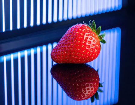 A fresh red strawberry is placed on a shiny black surface, reflecting its vivid color. A backdrop of bright blue vertical lines creates a striking contrast, enhancing its visual appeal.の素材