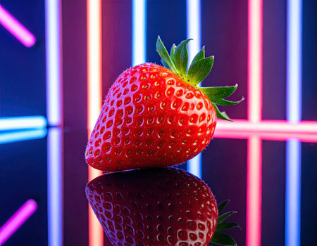A ripe strawberry rests on a glossy surface, showing its bright red color and green leaves. Neon lights cast a vivid glow, creating an eye-catching contrast and enhancing the fruit's details.の素材