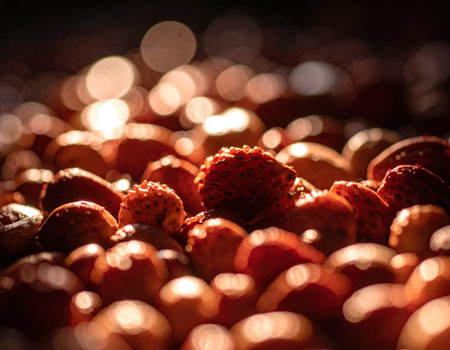 A vibrant array of fresh strawberries glistens under warm sunlight. The fruits are arranged closely, showcasing their juicy texture and rich colors against a softly blurred backdrop.の素材