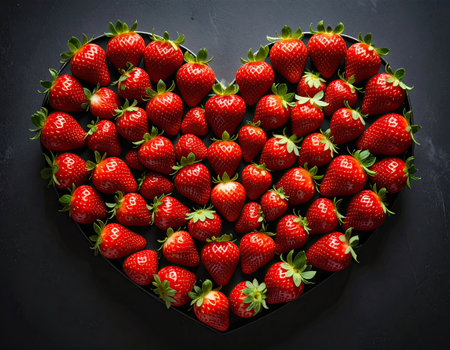 Vibrantly red strawberries are artistically placed in a heart shape on a dark background. This creative display is perfect for romantic occasions or special events.の素材