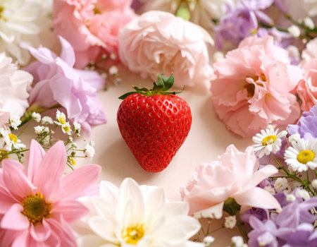 A ripe, red strawberry sits at the center of a variety of blooming flowers, including pink and purple blossoms. This arrangement captures the essence of freshness, nature, and beauty.の素材