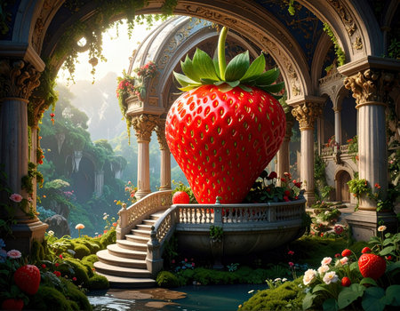 A large, vibrant strawberry sculpture dominates an ornate garden. Surrounded by lush greenery and intricate architectural details, the scene feels magical and enchanting, inviting exploration.の素材