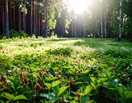 Lush forest filled with greenery showcases wild strawberries in a sunlit clearing. Tall trees surround the area, highlighting the serene beauty of nature during late afternoon.の素材