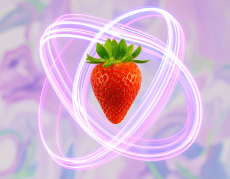 A vivid strawberry hovers in mid-air, surrounded by a glowing spiral of soft colors that create an ethereal atmosphere, highlighting its freshness and allure.の素材