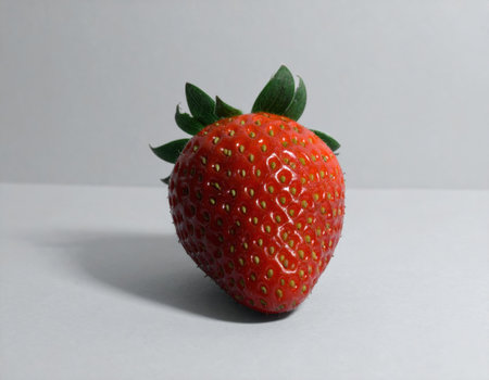 A vibrant strawberry, plump and red, sits alone on a neutral-colored surface, illuminated gently, showing its natural shine and texture with green leaves perched on top.の素材