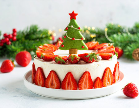 Delightful cake adorned with fresh strawberries and a festive tree figure. Perfect centerpiece for holiday gatherings and celebrations during winter festivities.の素材