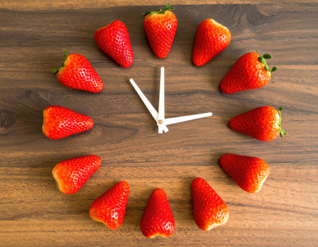 Strawberries arranged in a circular pattern create a clock design on a wooden surface. Clock hands point out the time, highlighting freshness and creativity.の素材