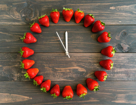 Fresh strawberries are artistically arranged in a circular pattern resembling a clock face on a rustic wooden surface. Clock hands indicate three o'clock, emphasizing a playful and vibrant concept.の素材