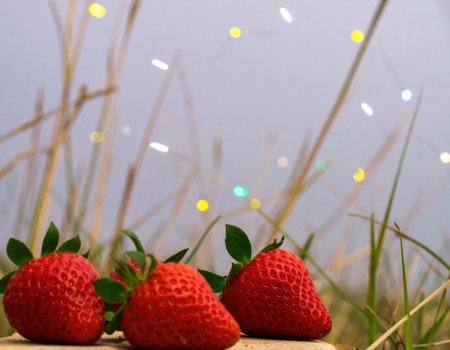 Three vibrant red strawberries rest on a wooden surface amid tall grass. Twinkling lights add a magical touch to the dusky atmosphere, creating a warm ambiance.の素材