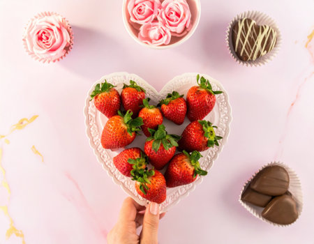 A hand reaches for a heart-shaped platter filled with fresh strawberries, accompanied by pink roses and chocolate treats. This romantic display evokes love and celebration.の素材
