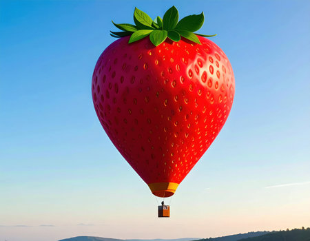 A whimsical hot air balloon, designed to resemble a large strawberry, gently ascends into the bright blue sky. The sun sets behind distant hills, creating a serene atmosphere.の素材