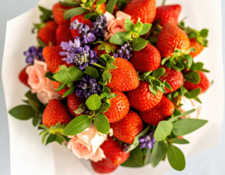 A stunning bouquet showcases ripe strawberries interspersed with delicate pink roses and lush greenery, perfect for celebrations or gifts. This vibrant arrangement captivates with its colors.の素材
