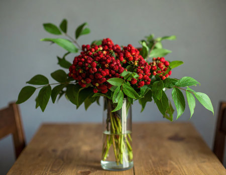 A striking arrangement of bright red berries fills a clear glass vase. The vase sits on a rustic wooden table, surrounded by lush green leaves, creating a charming and inviting atmosphere.の素材