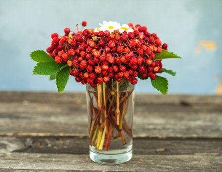 A vibrant bouquet of bright red berries and delicate white daisies is elegantly displayed in a clear glass vase on a rustic wooden table. The natural colors create a cheerful atmosphere.の素材