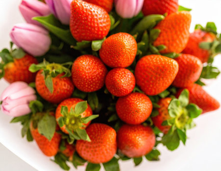 A lush bouquet features ripe strawberries combined with delicate tulips, showing vibrant colors. This arrangement highlights the freshness and charm of spring, perfect for celebrations or gifts.の素材