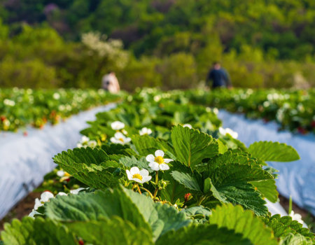 Strawberry plants flourish in a lush field during spring. White blossoms and green leaves dominate the landscape as harvesters gather ripe strawberries under sunlight.の素材