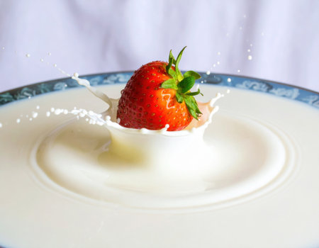 A ripe red strawberry drops into a pool of milk, resulting in a stunning splash that forms a crown shape. The contrasting colors of the fruit and liquid create an eye-catching visual moment.の素材
